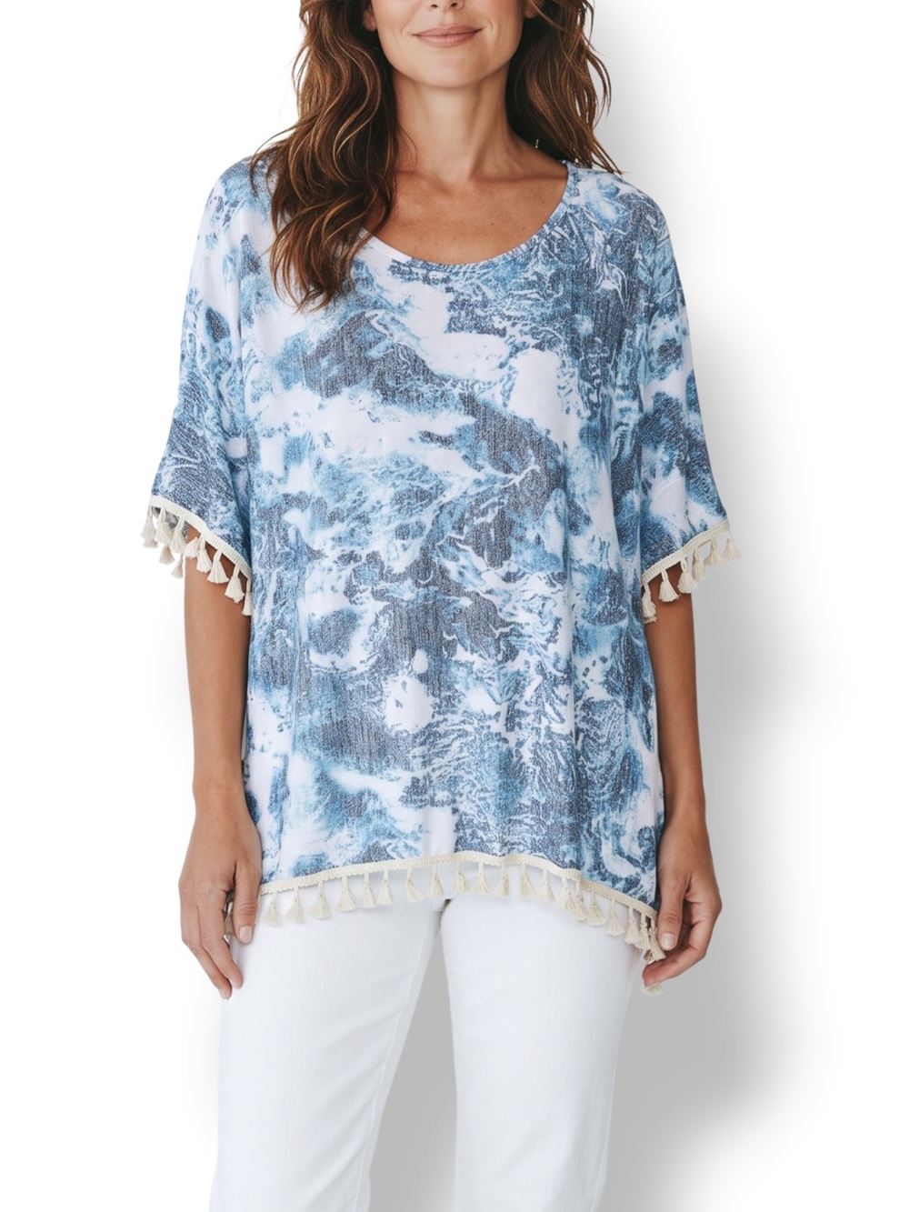 4/$20 Elsie & Zoey Blue Abstract Tassel Poncho Tunic Top One Size